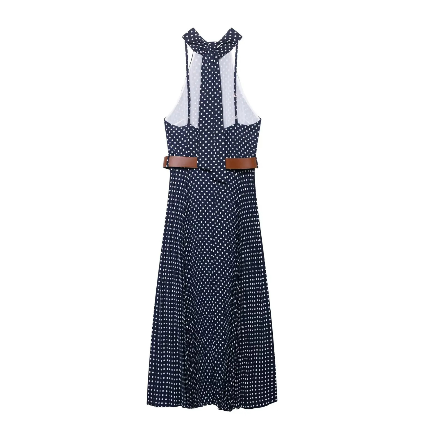 Zara | Sukienka Midi w Groszki z Wiązaniem na Szyi i Paskiem
